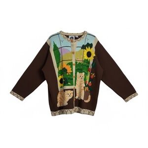Vintage Storybook Knits Tabby Cats Sunflowers Cardigan Sweater Plus Sz 3X